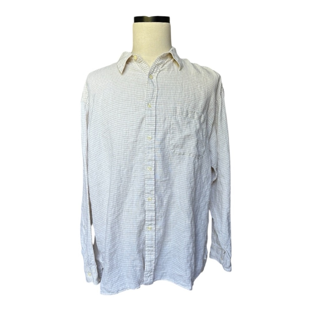 J. Crew Linen creme and white check pattern button up long sleeve shirt | XL